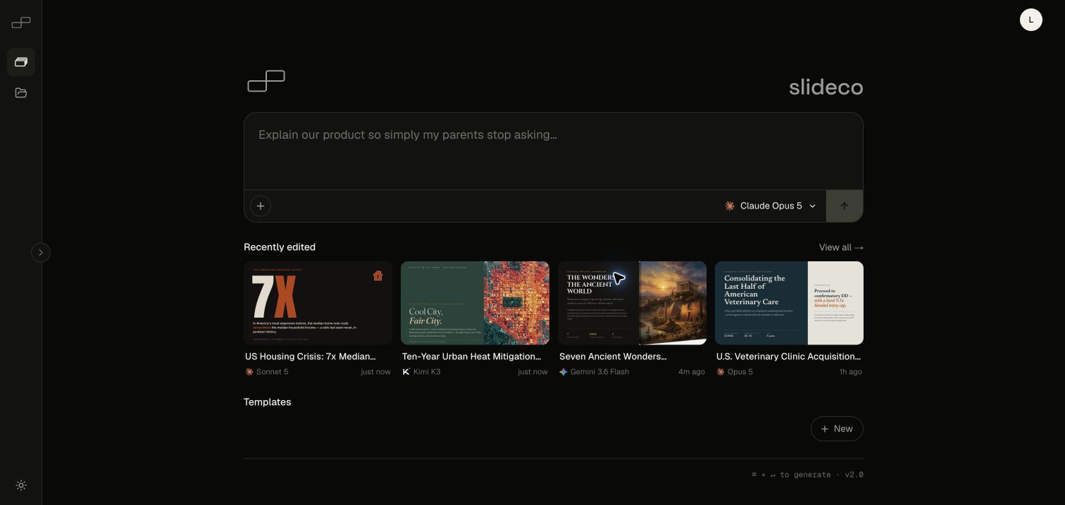 Slide Studio home with a prompt composer and recently generated projects